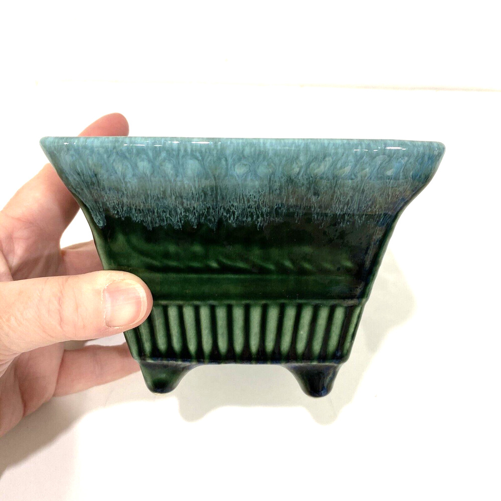 Hull USA Art Pottery Small Square Planter #A2 Green Drip Glaze Mid Century